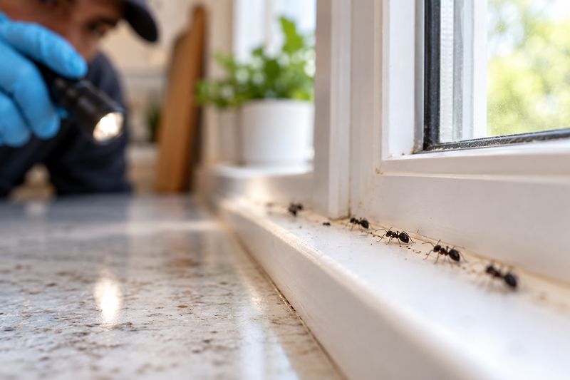 Trail of small ants along a kitchen window sill during a flashlight inspection