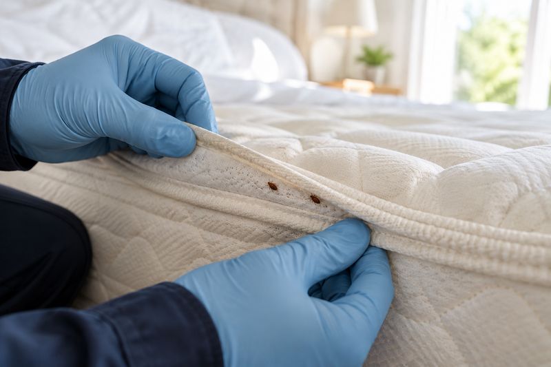 Gloved hands folding back a mattress seam to reveal two bed bugs