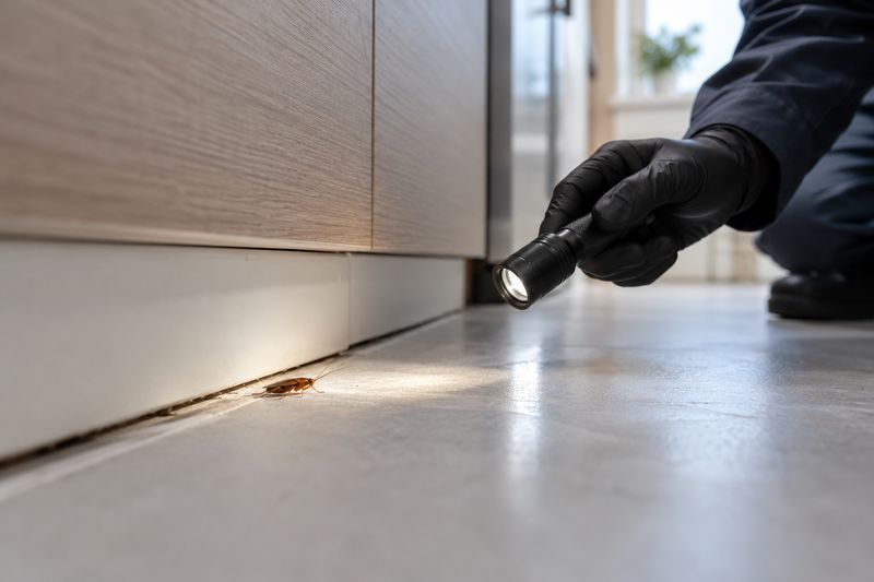 Flashlight inspection finding a cockroach along a kitchen cabinet baseboard