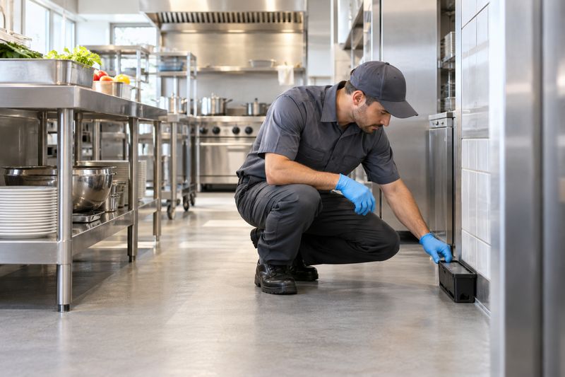Pest control technician checking a monitoring station in a commercial kitchen