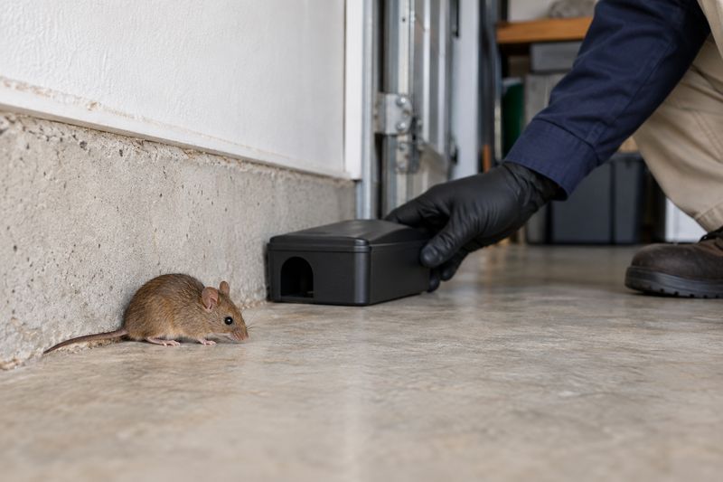 House mouse along a garage wall next to a rodent station
