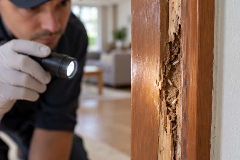 Flashlight inspection of termites and damaged wood inside a door frame