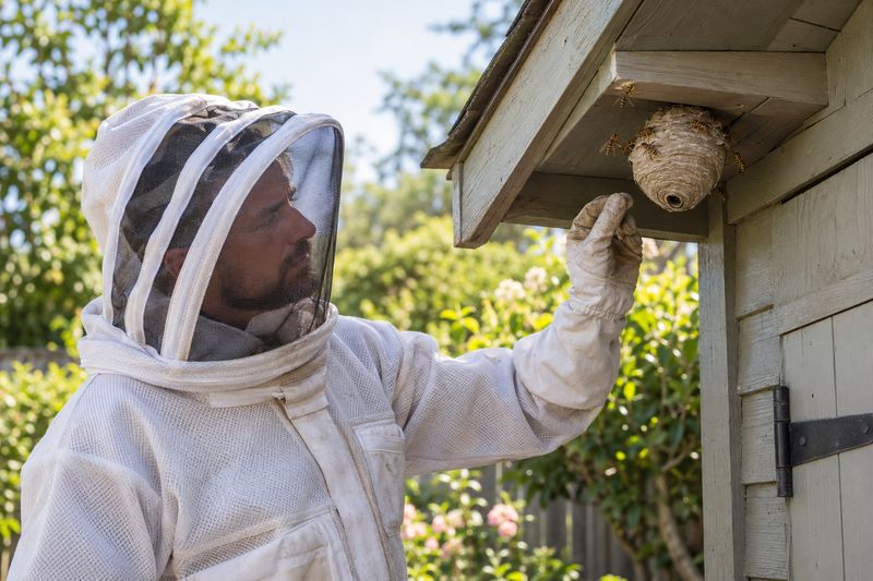Paper wasp nest under a shed eave being inspected by a person in a protective bee suit